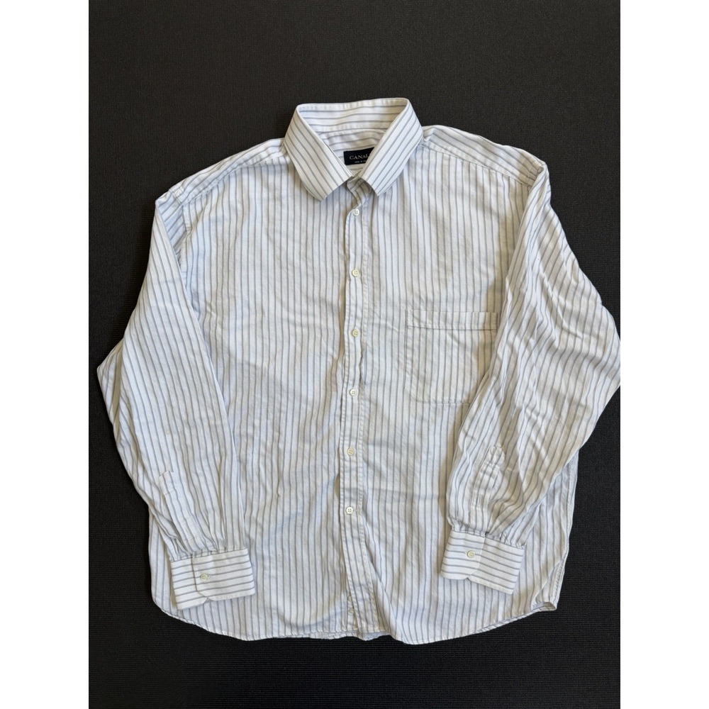Canali Dress Shirt Mens 18 46 Whit White Striped Cotton Made Italy Spread Collar